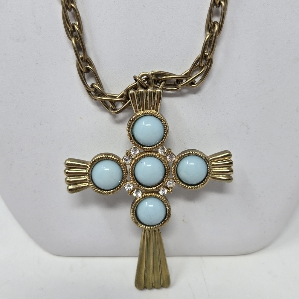VINTAGE GUESS CELTIC CROSS NECKLACE ANTIQUE GOLD CHAIN BLUE BEADS WOMEN JEWELRY